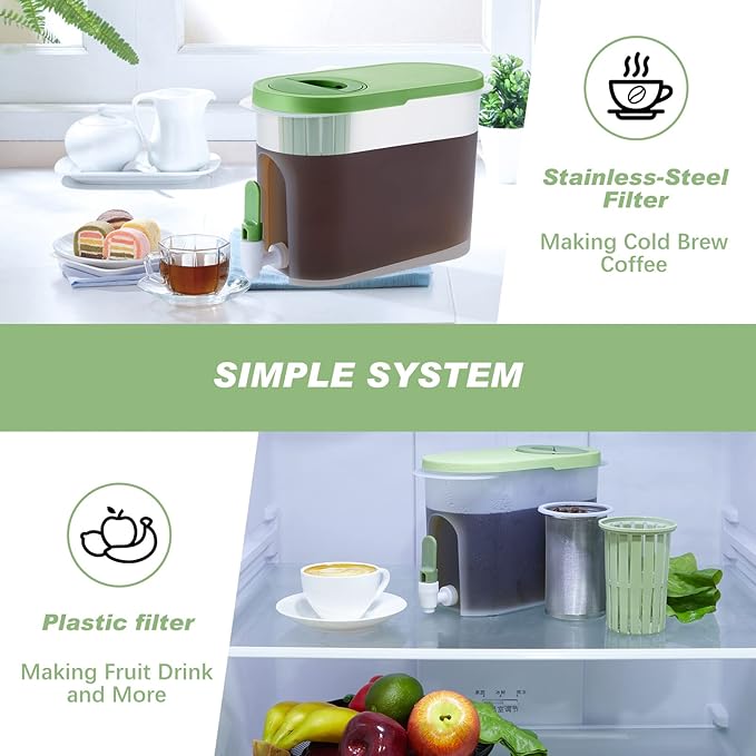 Gerrii 2 Pcs Cold Brew Maker, 1 Gallon Plastic Beverage Dispenser with 2 Filters, Drink Dispenser for Fridge, Cold Brew Pitcher with Spigot, Container for Juice, Water, Tea(Green)