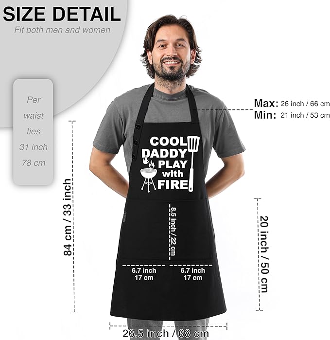 TOSHE Funny Apron Waterdrop Resistant Cotton Apron with adjustable Aprons for Women with Pockets 12 Color option Cooking (Black - Cool Daddy Play with Fire)