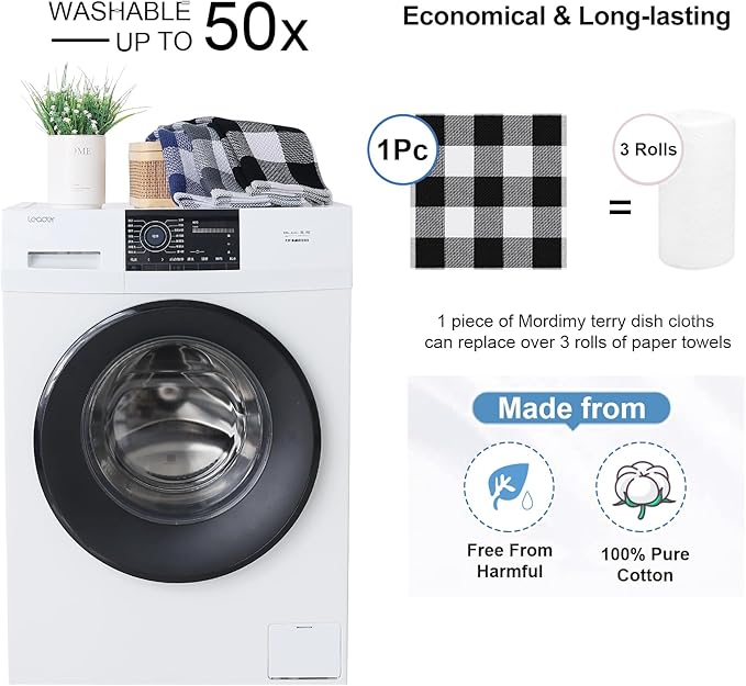 Mordimy 100% Cotton Waffle Weave Plaid Dish Cloths, 12 x 12 Inches, Super Soft and Absorbent Quick Drying Buffalo Check Dish Rags for Kitchen, 6-Pack, Black & White
