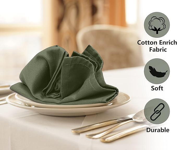 Ruvanti Cloth Napkins Set of 4, 18x18 Inches Napkins Cloth Washable, Soft, Durable, Absorbent, Cotton Blend. Table Dinner Napkins Cloth for Hotel, Lunch, Restaurant, Wedding Parties - Martini Olive