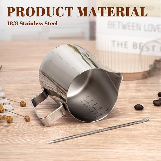 Amrules Milk Frothing Pitcher, 20oz Milk Frother Cup with Clear Scale, 304 Stainless Steel Cappuccino Espresso Machine Accessories for Barista Coffee Bar with Latte Art Pen, Silver