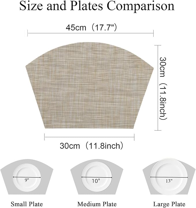 SHACOS Wedge Placemats Set of 4 for Small Round Table Woven Vinyl Curved Placemats Wipe Clean Circle Table Mats Indoor Outdoor, Beige