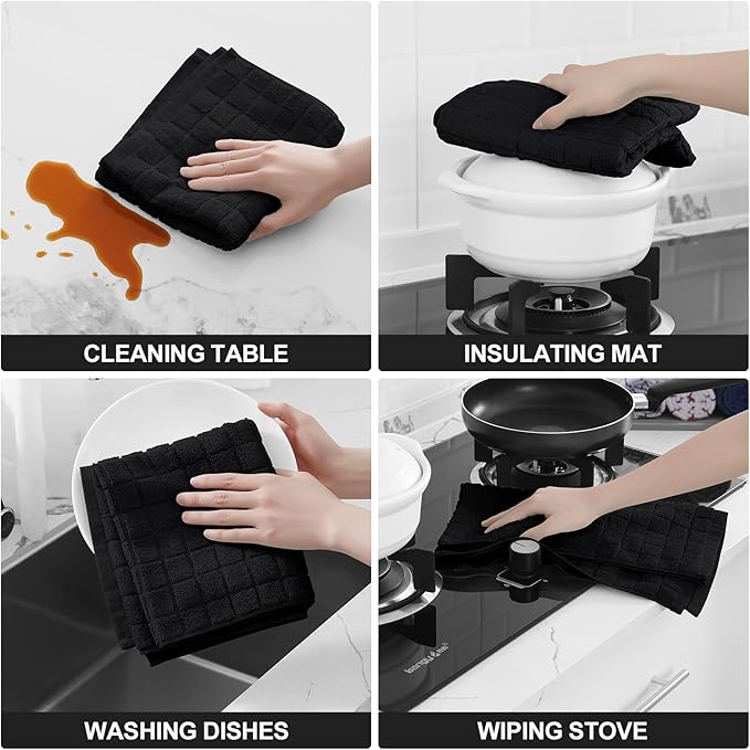 Homaxy Premium Cotton Kitchen Towels 16"x 28", Large Natural Ring Spun 390 GSM Dish Towels, Super Absorbent Terry Kitchen Hand Towels, Soft Tea Towels with Hanging Loop, Pure Black Design, 8 Pack
