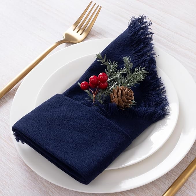 DeZerlor 12 Pack Navy Blue Cotton Linen Napkins with Fringe Spring Cloth Napkins Set of 12 Boho Handmade Dinner Napkins Bulk for Wedding Bridal Baby Shower Parties, 17 x 17 Inches
