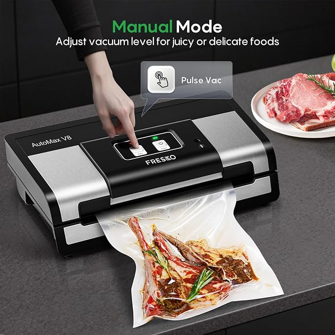 FRESKO Automatic Vacuum Sealer for Food, Hands-Free Operation, Seal 50 Bags in 20 min – Ideal for Meal Prep & Bulk Food Storage, Powerful Suction, Built-in Cutter & 2 Roll Bags