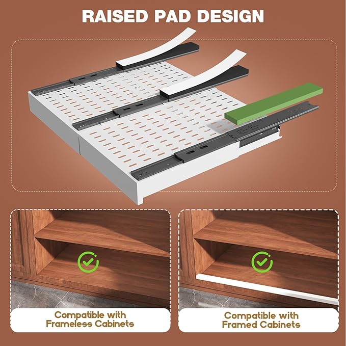 Seinloes 2 Pack Pull Out Cabinet Organizer Expandable Width(15"-25") and Depth(17"-24"),Slide Out Drawers With Raising Pad for Framed Cabinets,No Drill Roll Out Shelves for kitchen,Bathroom,White