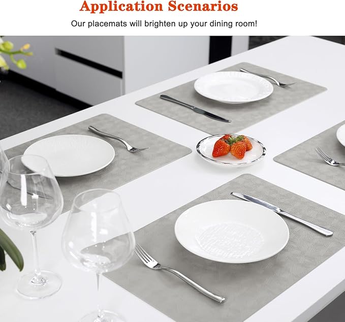 Vinyl Placemats Set of 4 Heat Resistant Easy Clean Non-Slip Place Mats for Dining Table Faux Leather Waterproof Stain Resistant Wipeable Washable PVC Table Mats(4, Light Gray)