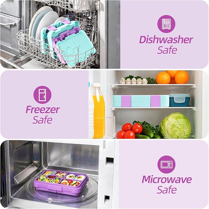 Bento Lunch Box for Kids, 6 Compartments BPA Free, Dishwasher Safe Back to School Snack Bento Lunch Containers Boxes, Ideal Portion Sizes for On-the-Go Meal, Ages 3+, School, Green Patterned