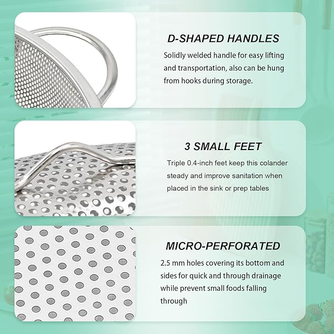3-Piece Stainless Steel Colander Set with Handles - 5Qt/3Qt/1Qt Nesting Strainers for Pasta, Veggies, Fruit Drainage, Durable Micro-Hole Mesh for Fast Water Flow