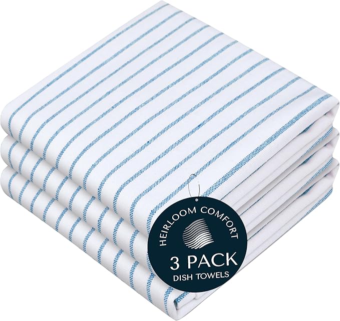 Turquiose Blue Stripe Kitchen Towels, 3 Pack, 100% Cotton, Super Absorbent and Quick Dry, Classic Striped Towel Set, Durable Dish Cloths for Kitchen Use, Cleaning & Drying Dishes