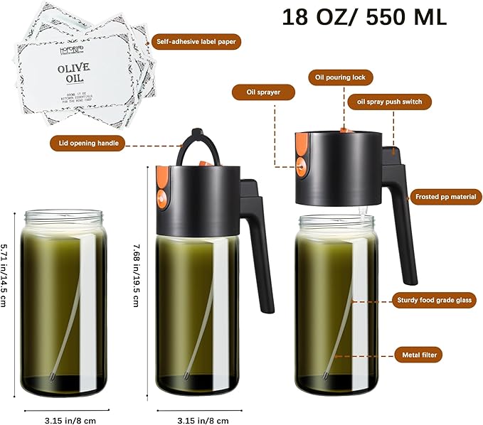 Glass 2 In 1 Olive Oil Dispenser Bottle for Kitchen Gadgets, Olive Oil Sprayer for Cooking 17oz/500ml (Light Blockage, Black)