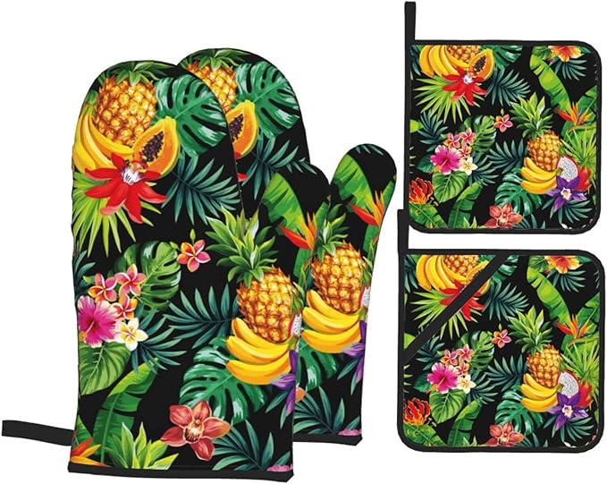 Tropical Fruit Pineapple, Palm Leaves and Flowers Oven Mitts and Potholders Professional Heat Resistant Cotton Oven Mitts Kitchen Gloves 4 Piece Set