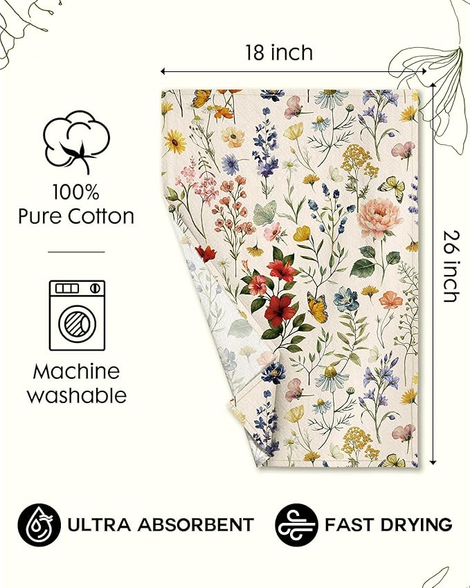 Miss Adola Flour Sack Kitchen Towels - Set of 2 Spring Dish Towels with Hanging Loop 18x26 Inch Absorbent Reusable Cotton Cloths for Cleaning Cute Design Home Decorative Housewarming, Vintage Flower