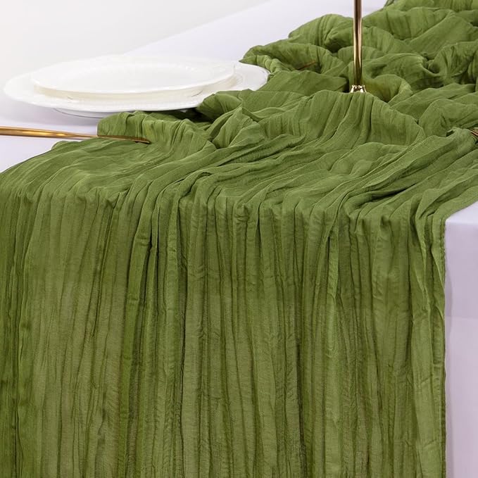 Socomi 10pcs Moss Green Valentine's Day Cheesecloth Table Runner Boho Rustic Gauze 120 inch 10FT Cheese Cloth Runner for Wedding Party Baby Shower Birthday Home Decor Holiday Decorations