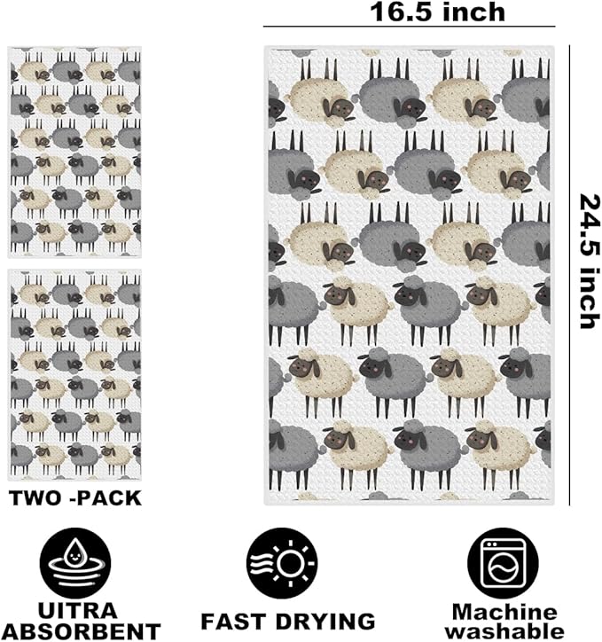 2 Pcs Sheep Kitchen Towels, White Sheep Soft Absorbent Tea Hand Towel, Microfiber Dish Cloths for Drying Dishes, Waffle Dish Towels for Kitchen Bathroom Home Decor, Farmhouse Gifts for Women Mom