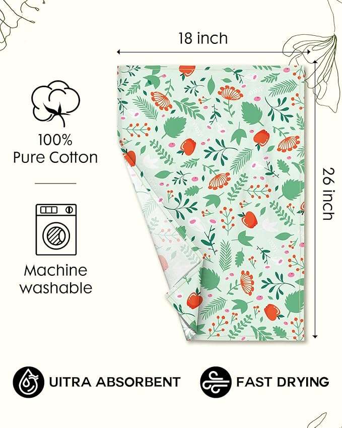 Miss Adola Flour Sack Kitchen Towels Set of 2-18x26 Cotton Dish Towels with Hanging Loop Reusable Tea Towel for Cleaning Spring Absorbent Dishcloths Cute Home Decor Housewarming, Green Leaf Fruit