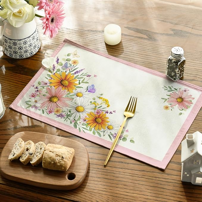 Artoid Mode Pink Sunflowers Butterfly Spring Placemats Set of 4, 12x18 Inch Seasonal Summer Holiday Table Mats for Party Kitchen Dining Decoration