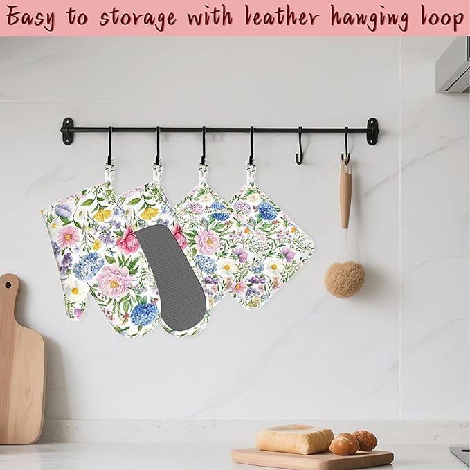 Watercolor Floral Oven Mitts and Pot Holders (4PCS),Wildflowers Heat Resistant Non-Slip Silicone Kitchen Gloves for Cooking, Baking, BBQ Waterproof Kitchen Accessories