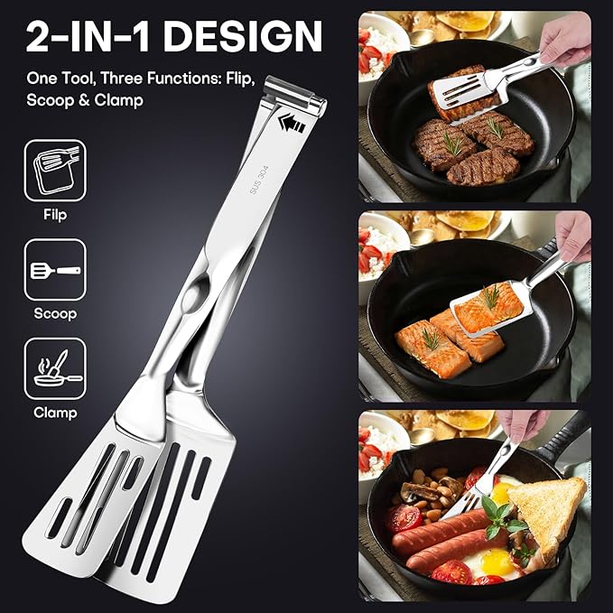 Nezylaf 2-in-1 Spatula Tongs, 11.8 Inch 304 Stainless Steel Kitchen Tongs for 12 Inch Cooking Use, Detachable Metal Tongs with Oil Drain Holes for Grilling Frying Steak