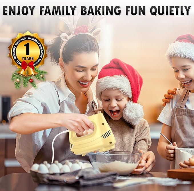 GUALIU Electric Hand Mixer with Stainless Steel Whisk, Dough Hook Attachment and Storage Bag, Handheld Mixer for Baking Cakes, Eggs, Cream Food Mixers. Turbo Boost /5 Speed Kitchen Blender Yellow