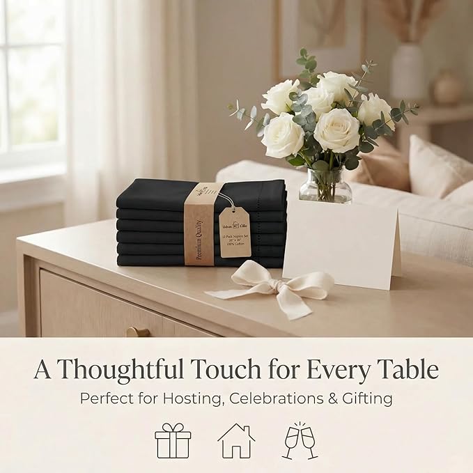 Urban Villa Cloth Napkins Set of 12 20x20 Inches 100% Cotton Hemstitch Napkins Cloth Washable Durable Reusable Absorbent Table Dinner Napkins Cloth for Hotel Lunch Restaurant Weddings Parties – Black
