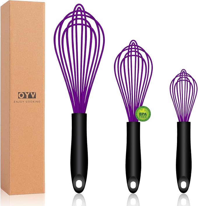 OYV Dishwasher Safe Purple Silicone Whisk, Sealed Waterproof Design Set of 3, Professional Kitchen Whisks for Cooking Non-Scratch, Silicone & Stainless Steel Whisk, Heat Resistant Balloon Egg Beater