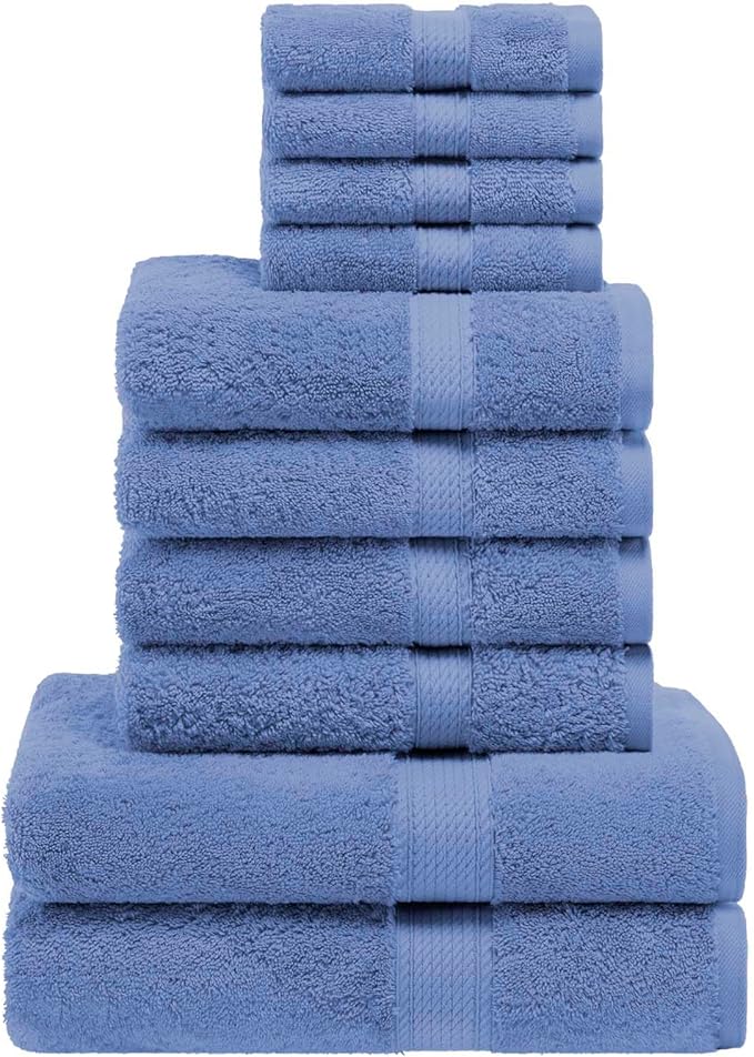 SUPERIOR Egyptian Cotton Pile 10 Piece Towel Set, Includes 2 Bath, 4 Hand, 4 Face Towels/Washcloths, Ultra Soft Luxury Towels, Thick Plush Essentials, Guest Bath, Spa, Hotel Bathroom, Denim Blue