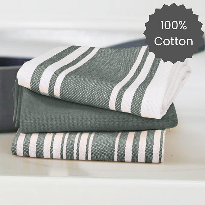Cotton Clinic Assorted Kitchen Towels 5 Pack – Soft Absorbent Quick Drying Table & Kitchen Linen - Dish Towels, Dish Cloths, Tea Towels and Cleaning Towels with Hanging Loop – 16x28 / Grey White