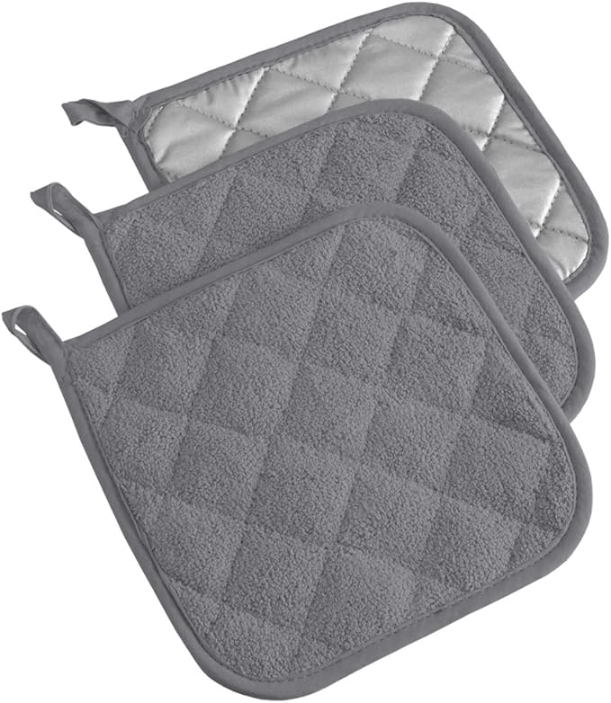DII Basic Terry Collection Quilted 100% Cotton, Potholder, Gray, 3 Piece