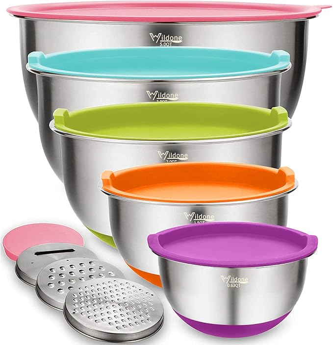 Wildone Mixing Bowls with Airtight Lids Set, 5PCS Stainless Steel Nesting Bowls for Kitchen, with Grater Attachments & Non-Slip Bottoms, Size 5, 3, 2, 1.5, 0.63 QT, for Baking & Serving (Colorful)