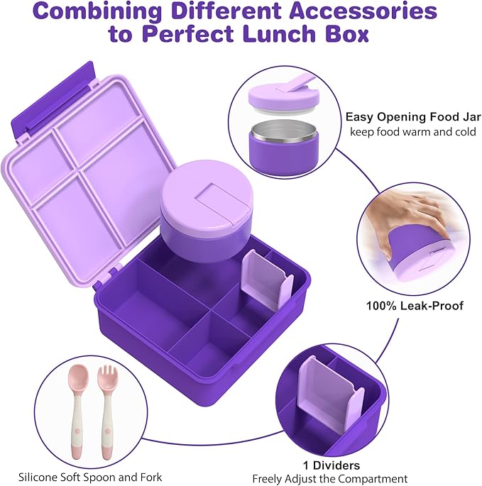 Pawtong Bento Lunch Box with 8oz Soup Thermo, Kids Leakproof Lunch Food Containers with 4 Compartment, Kids Thermo Insulated Hot Food Jar for School, Trvael (Purple)