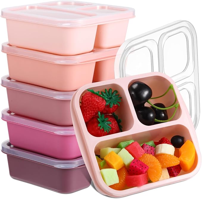 Honeydak 5 Pack Snack Containers 3 Compartment Bento Snack Boxes Divided Meal Prep Containers with Lids Reusable Adults Lunch Food Storage Box for School Work Travel(Pink Brown)