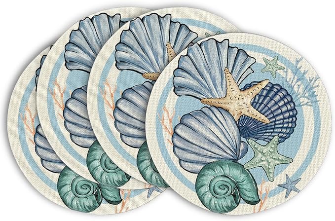 Artoid Mode Sea Shell Starfish Round Summer Placemats Set of 4, 14 Inch Spring Round Table Mats for Dining Decoration