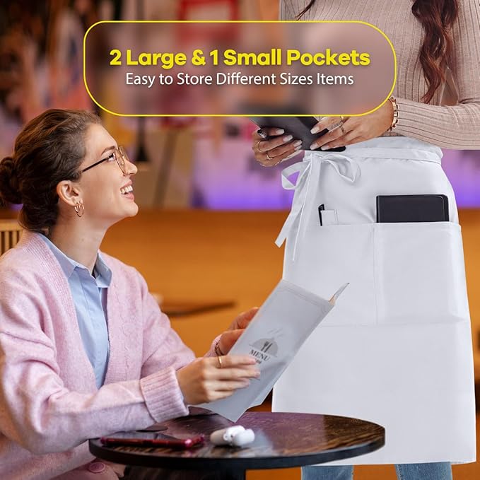 ROTANET Long Server Apron Black with 3 Pockets Bistro Half Aprons for Men Women Waiter Waitress Chef 28 Inch Waterproof