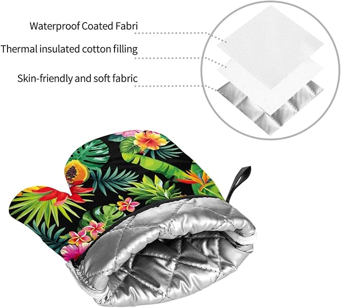 Tropical Fruit Pineapple, Palm Leaves and Flowers Oven Mitts and Potholders Professional Heat Resistant Cotton Oven Mitts Kitchen Gloves 4 Piece Set