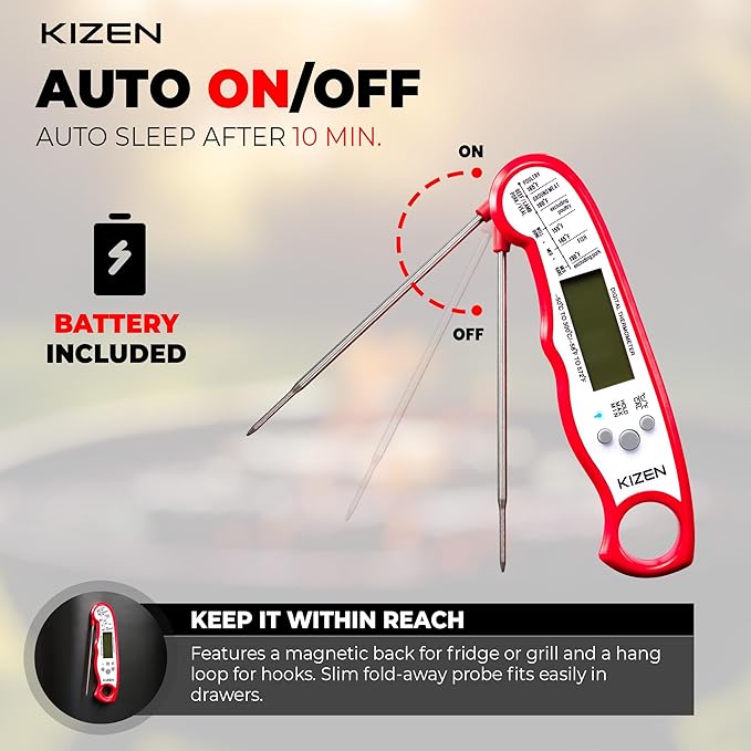 KIZEN Instant Read Meat Thermometer Digital - Food Thermometer for Cooking, Grill, Oven, BBQ - IP67 Rated Waterproof - Large Backlit Display and Magnetic Back