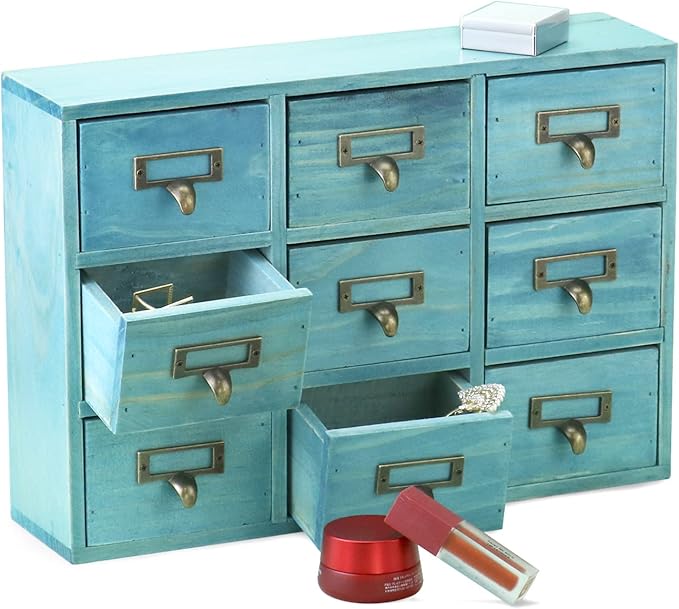 QWORK Desk Drawer Organizer, Wooden Vintage Apothecary Cabinet with 9 Drawers, Home Office & Tea & Dresser Bedroom Organization and Storage, Traditional Apothecary Cabinet, Blue