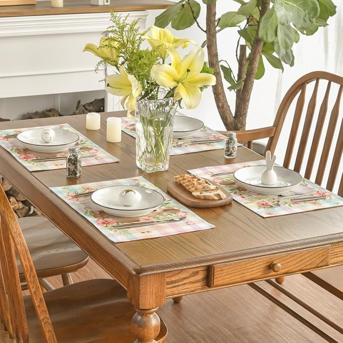 Artoid Mode Bunny Rabbit Flowers Floral Buffalo Plaid Easter Placemats Set of 6, 12x18 Inch Spring Table Mats for Party Kitchen Dining Decoration
