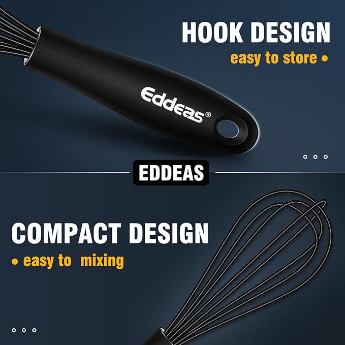 Eddeas Silicone Mini Whisk, Small whisks Non-Stick Tiny Whisks set of 2（5.5in & 7.5in）-Heat Resistant (450°F) Whisks, Balloon Egg Beater Perfect for Whisking, Beating, Mixing, Blending, Black