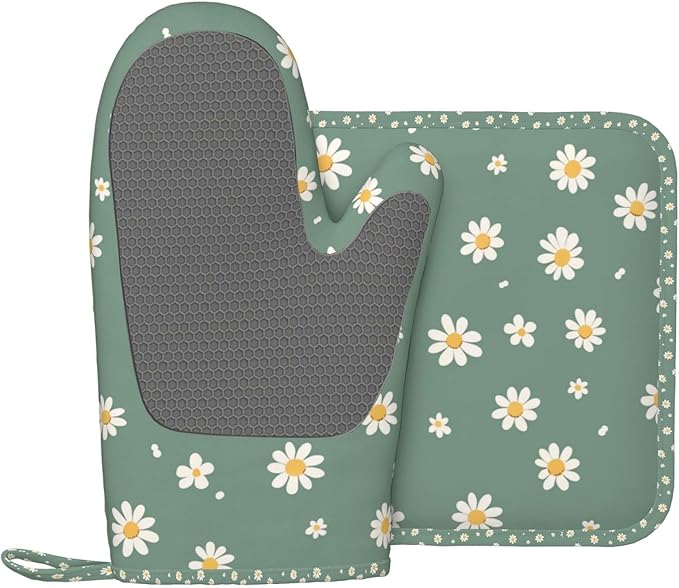 Oven Mitts and Pot Holders Daisy Flower Green Silicone Kitchen Accessories Set of 2 Heat Resistant Long Gloves Potholder Non-Slip Grip for Chef Cooking Baking Grilling BBQ