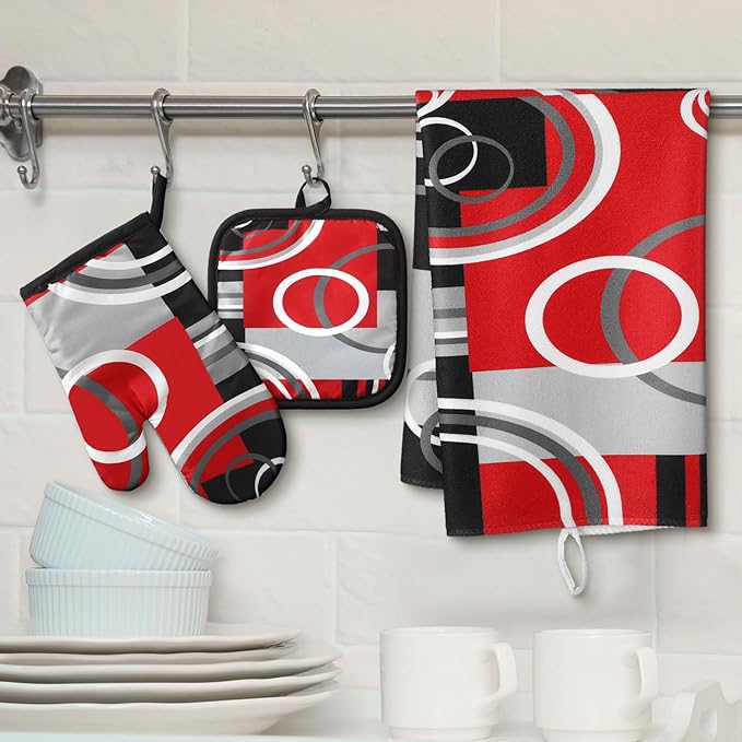 Jingmore 6 Pcs Kitchen Decor Set Accessorie Farmhouse Kitchen Towels Pot Holders Oven Mitts Set 2 Dish Towels 2 Pot Holders 2 Cooking Mittens Oven Glove for Cooking(Red and Black,Geometric)