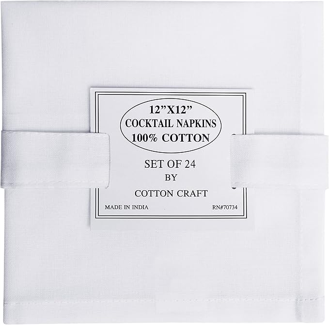 COTTON CRAFT Cocktail Napkins - 24 Pack - Happy Hour Drink Beverage Bar Party Holiday Dessert Celebration Event Gift Luncheon Brunch Dinner - Premium Cotton Cloth Reusable Washable - 12x12 - White