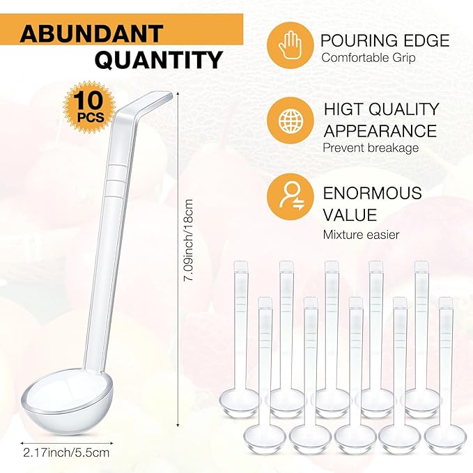 Tioncy 10 Pcs 1 oz Small Ladle 7.1 Inches Mini Ladle for Serving Sauce, Soup, Dressing, Punch Bowl, Gravy, Cocktail, Fruit Juices Reusable Plastic Long Handle Spoon for Party Banquets Catering(Clear)