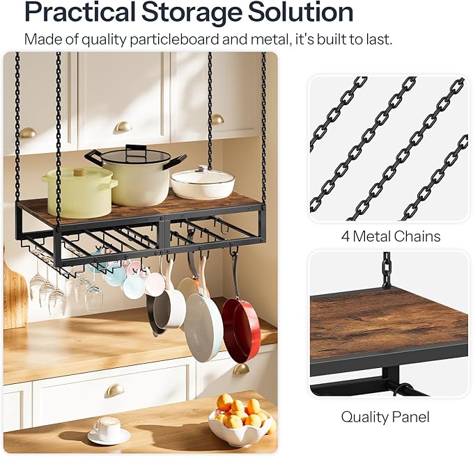 HOOBRO Hanging Pot Rack, Space-Saving Pot Hanger for Kitchen, Ceiling Pan Hanging Rack with 10 S-Shaped Hooks and 3 Dual-Prong Hooks, for Pot, Pan Storage,Space-Saving, Rustic Brown and Black BF78TL01