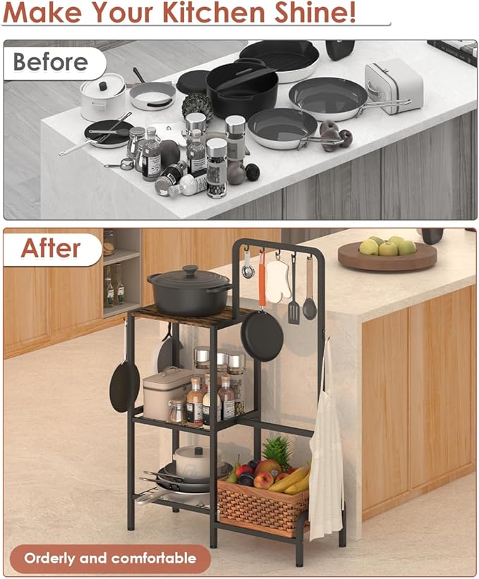 mocomax Kitchen Stand Shelf with Storage, 3-Tier Utility Baker's Rack for Spices, Adjustable Coffee Bar Station with 8 Hooks, Space-Saving Microwave Oven Stand for Pots, Pans & Utensils, Black