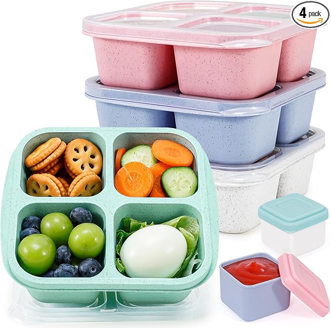 Caperci 4 Pack Bento Snack Boxes Lunchable Containers for Kids & Adults, Wheat Straw 4-Compartment Reusable Food Storage Containers for Snacks & Small Meal (Multicolor & Clear Lids)
