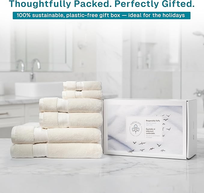 Fabdreams 100% Organic Cotton Bath Towel Set of 6 700 GSM Hotel Premium Plush Absorbent Soft Durable Skin-Friendly Spa Quality Bathroom Comfort with 2 Bath 2 Hand Towels and 2 Wash Cloths Ivory