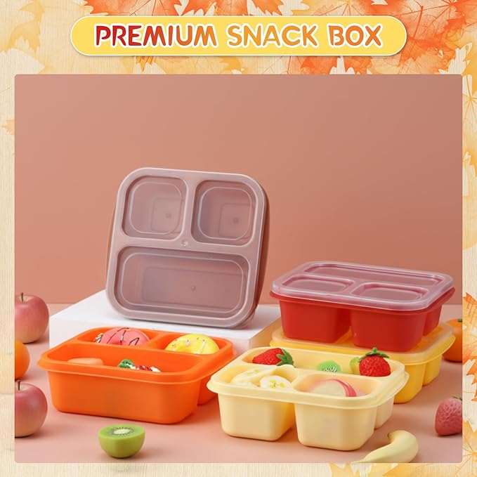 Honeydak 5 Pack Snack Containers 3 Compartment Bento Snack Boxes Divided Meal Prep Containers with Lids Reusable Adults Lunch Food Storage Box for School Work Travel(Fall Color)