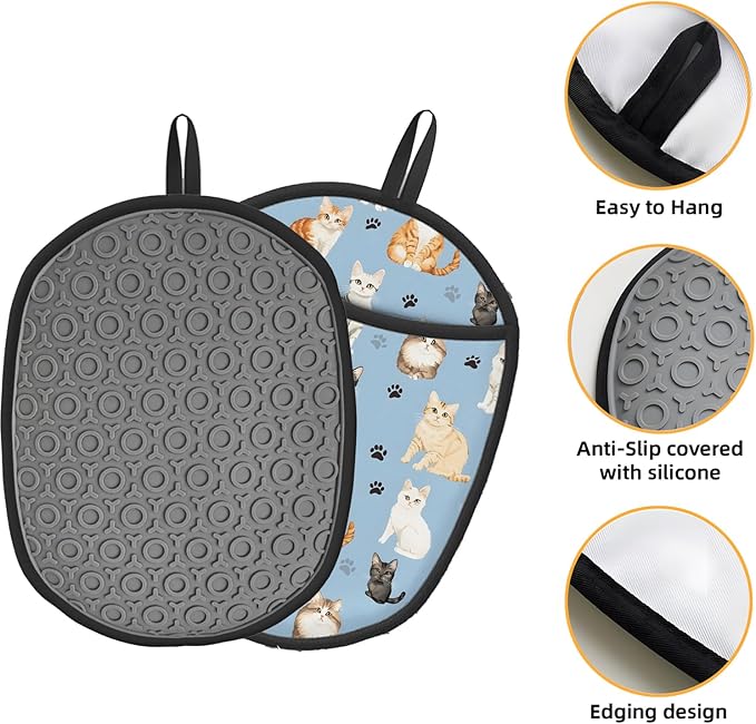 Cat Blue Silicone Pot Holders Set of 2, Heat Resistant up to 500°F, Non-Slip Kitchen Hot Pads with Pocket and Soft Quilted Cotton Lining for Baking, Cooking and Hot Pots