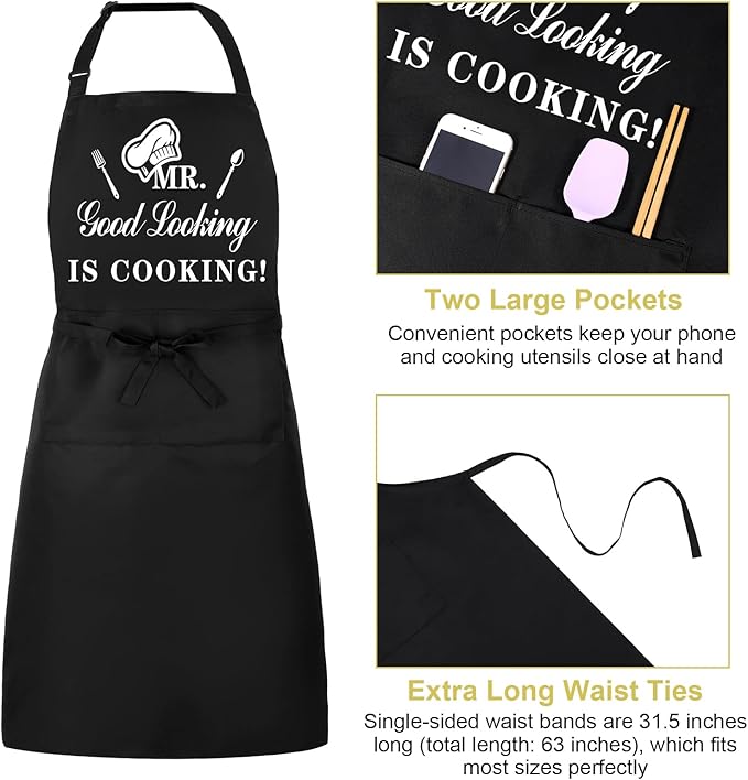 Funny Aprons for Men, MR GOOD LOOKING IS COOKING, Professional Kitchen Cooking Apron Chef Husband Bib Aprons With Double Pocket Adjustable for Father's Day Birthday Gift